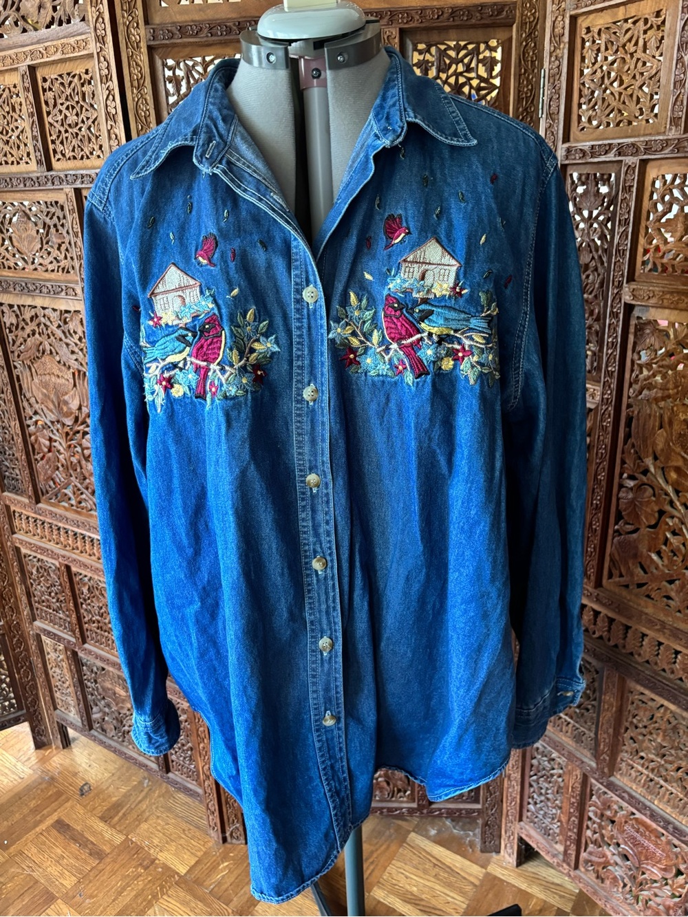 Just My Size Blue Denim Button-Down Shirt with Embroidered Scenery across front